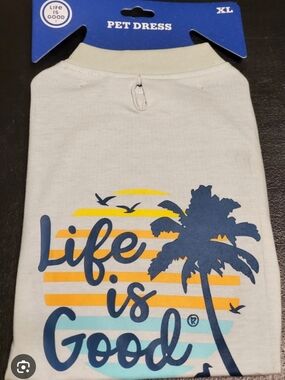 Life Is Good White Pet Dress with Blue Palm Tree and Yellow Stripe Graphic